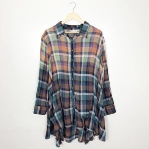 SOFT SURROUNDINGS Women's XL Blue Ombre Plaid Oversized Long Line Artist Flannel